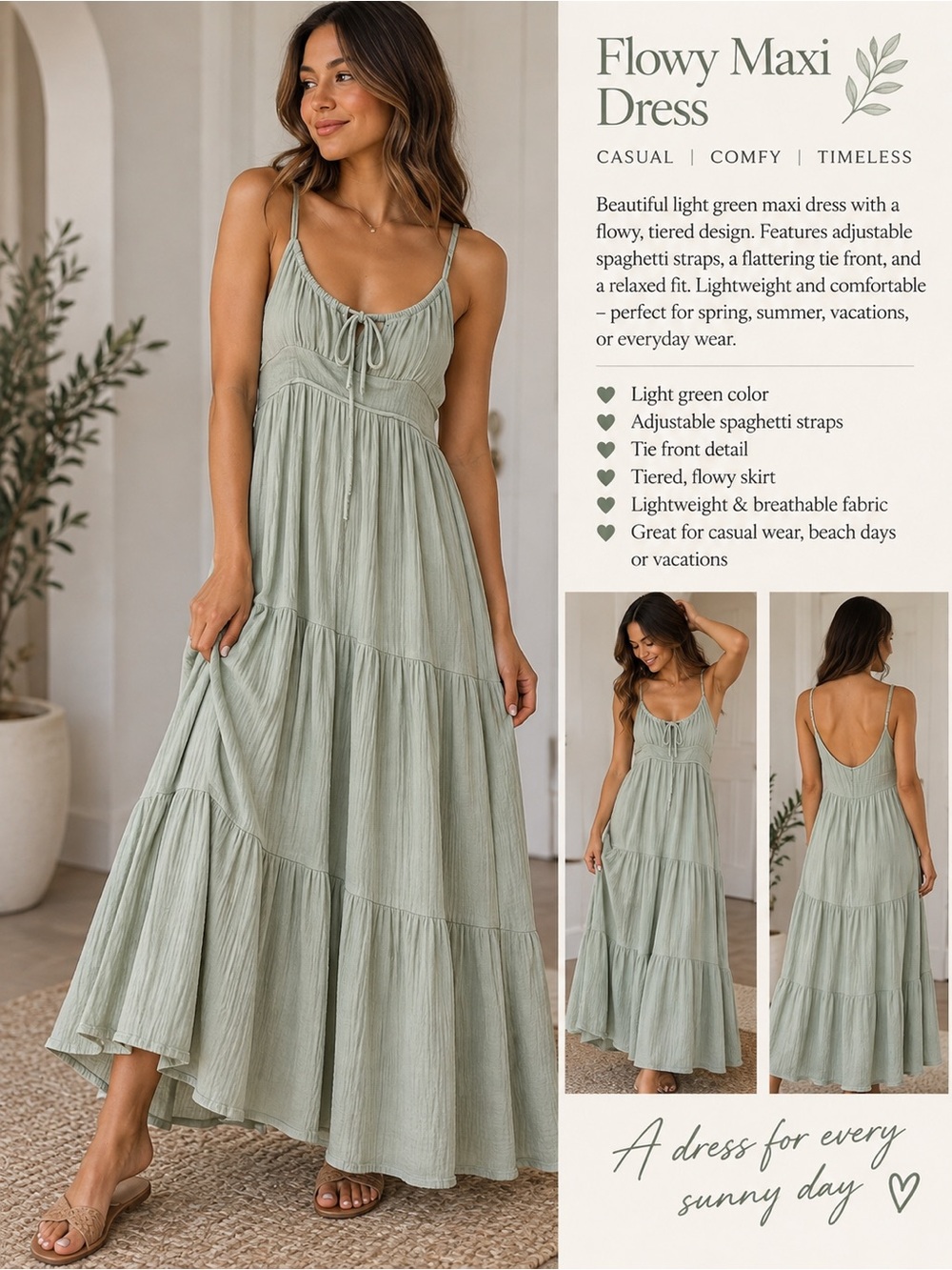 Elodie Light Green Tiered Maxi Dress with Tie-Front